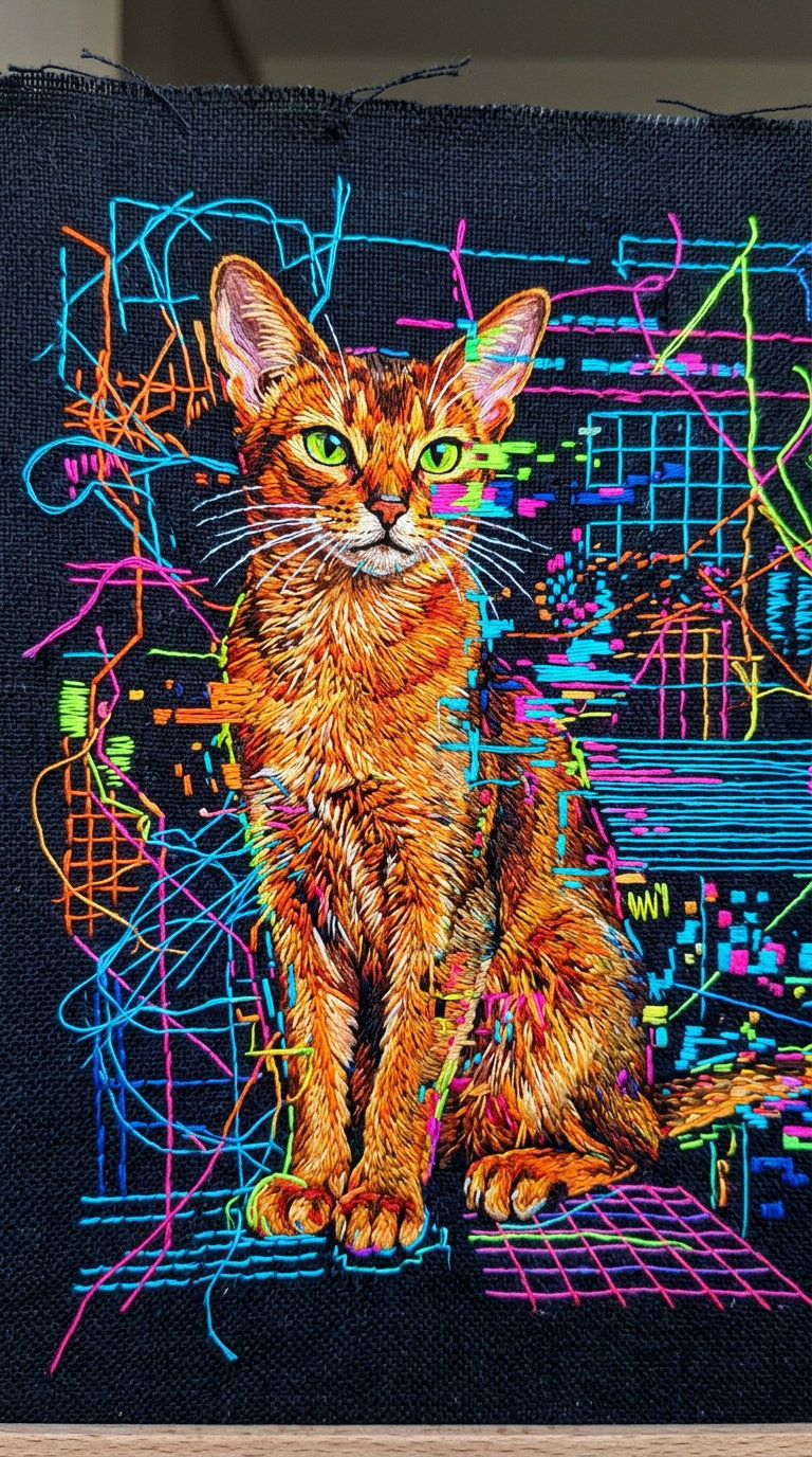 An artistically embroidered Abyssinian cat with vivid colors on a black canvas.