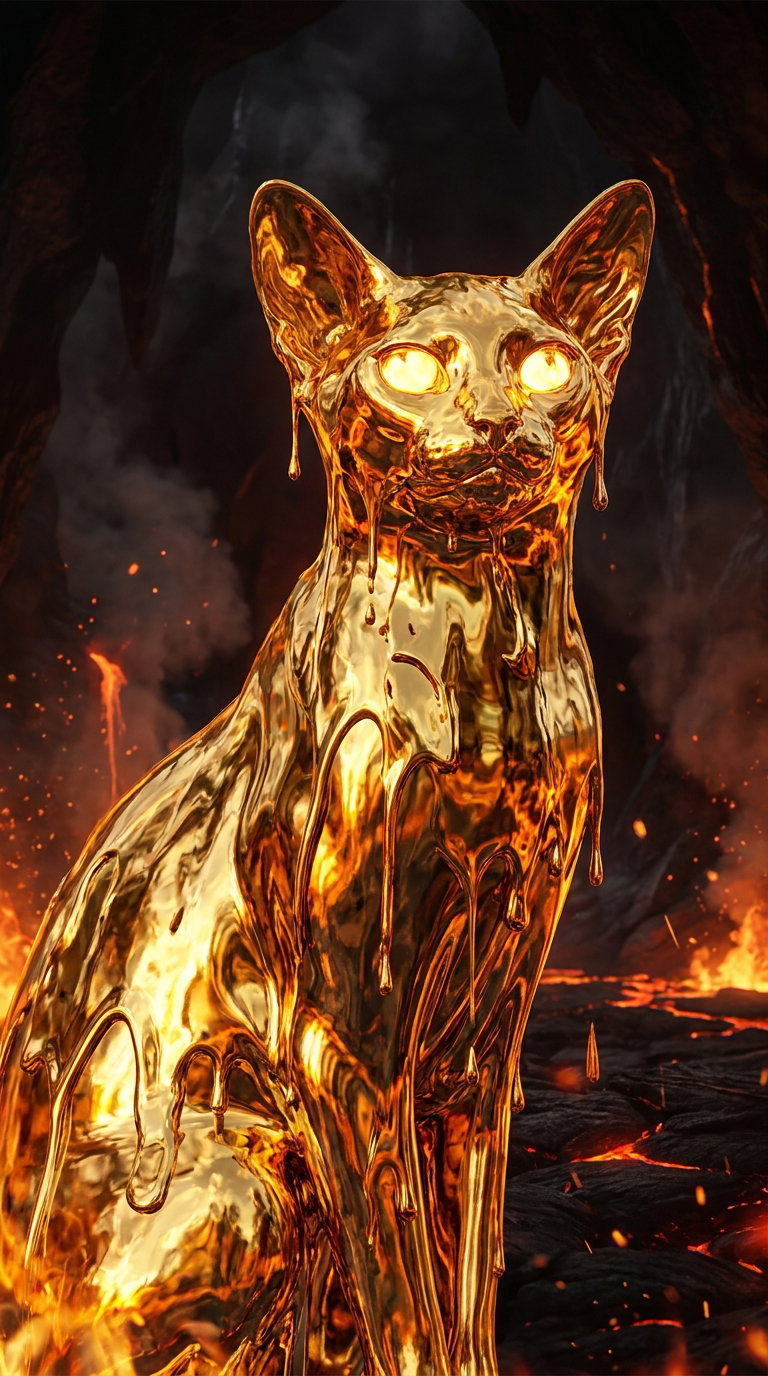A golden Abyssinian cat covered in a molten, shiny surface in a dark, volcanic environment.
