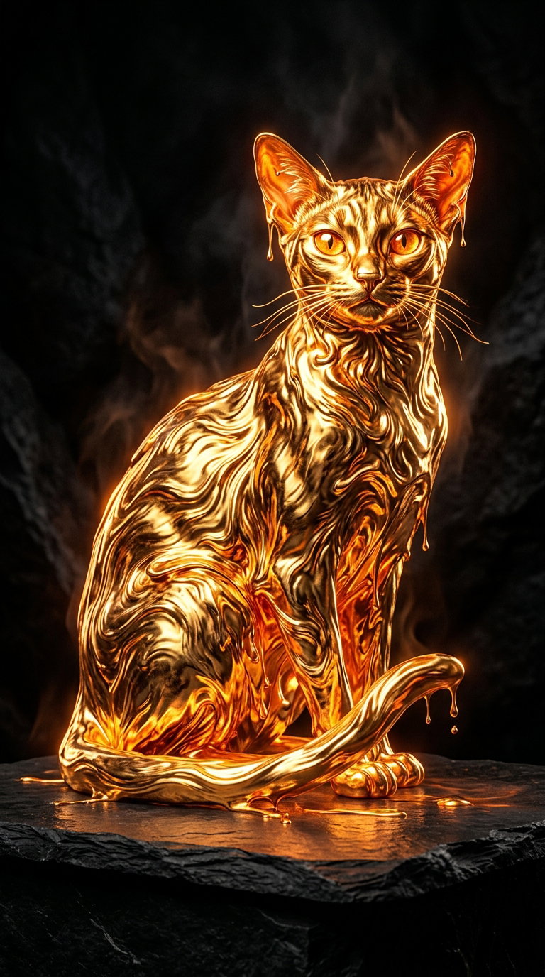 A stylized Abyssinian cat with a glossy golden texture, resembling liquid metal, against a dark background.
