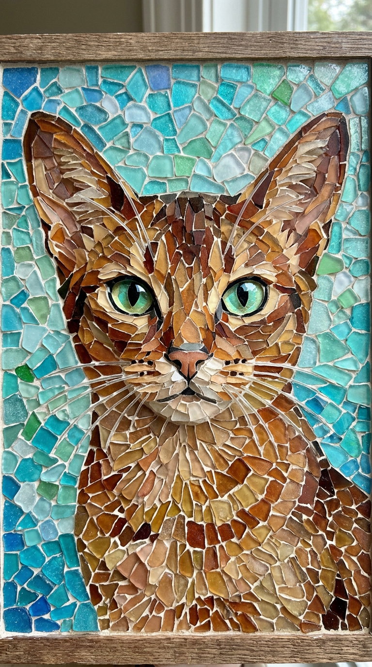 A mosaic artwork depicting a close-up of an Abyssinian cat's face, featuring vibrant colors and intricate details.