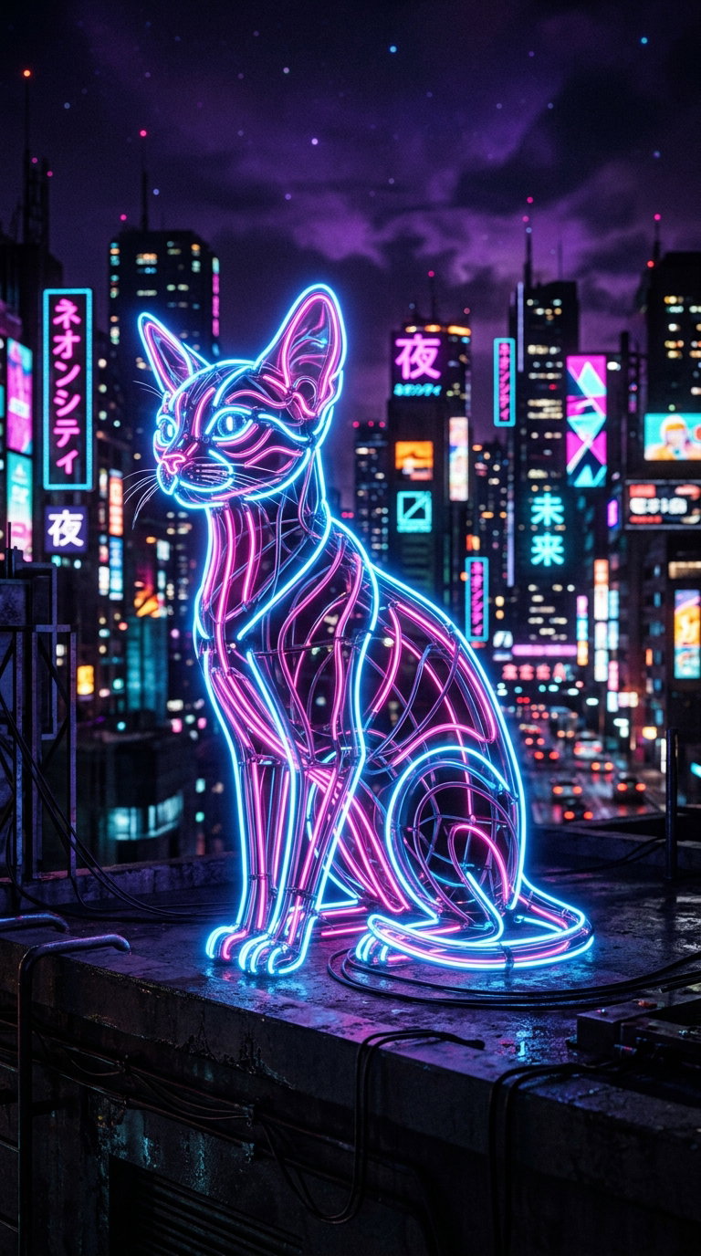 A glowing neon depiction of a cat sitting on a rooftop overlooking a city.