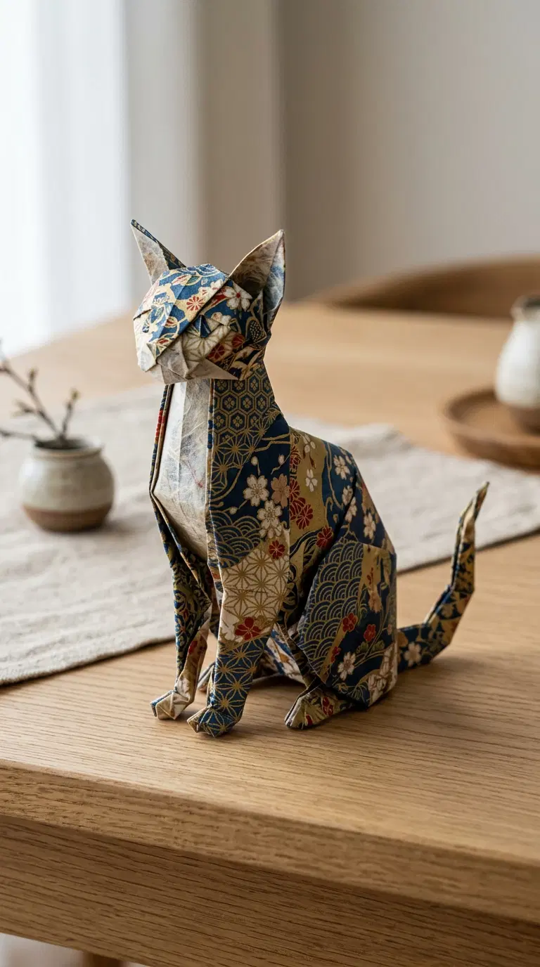 Beautiful Origami Cat Model Displayed on a Wooden Table