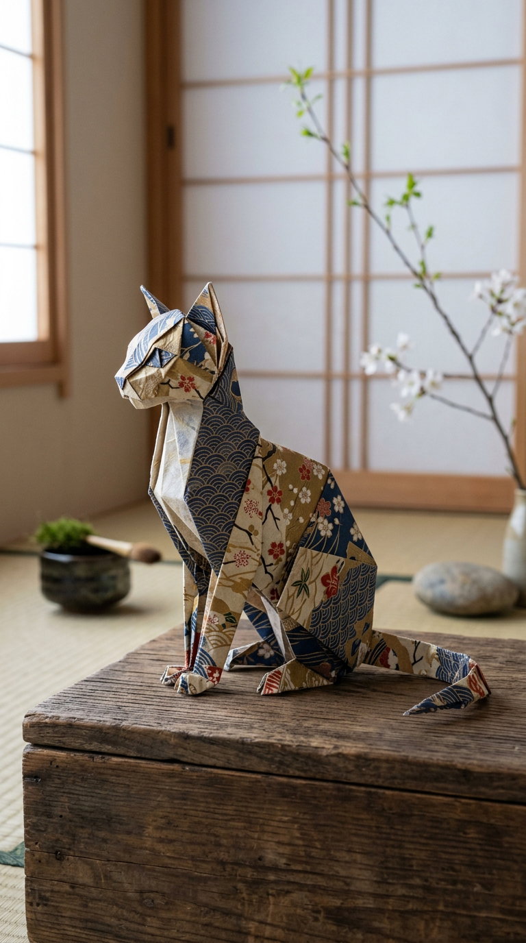 An intricate origami cat made of decorative paper, sitting on a wooden table in a serene room with a tatami mat.