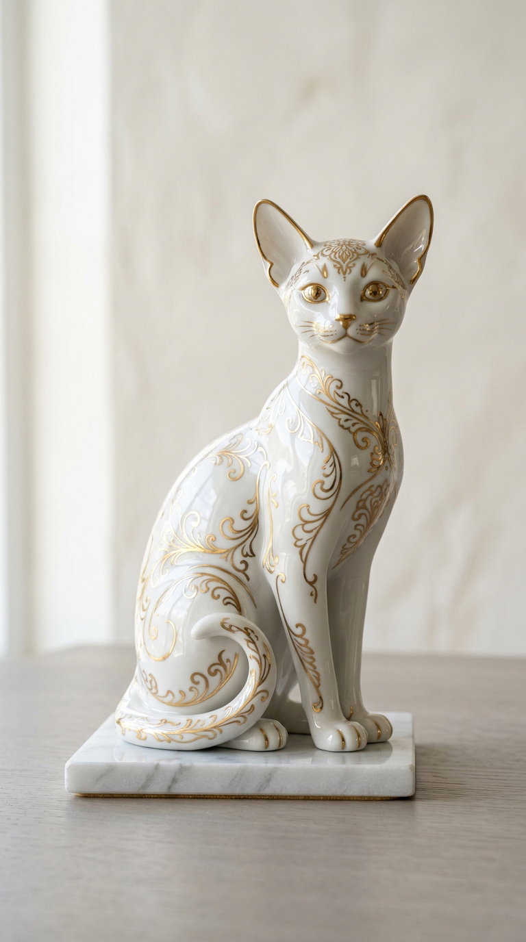 A decorative porcelain cat figurine with gold accents, sitting on a square base.