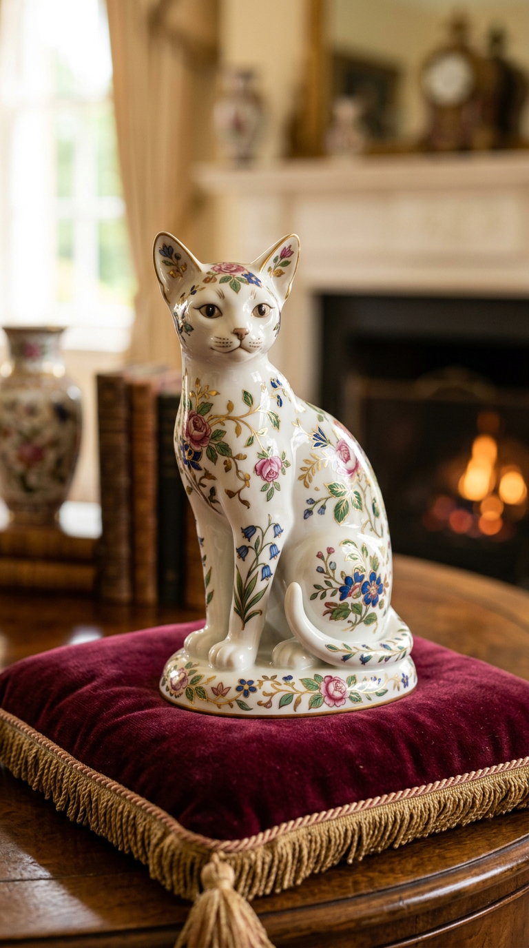 A porcelain cat figurine with floral designs sits on a red cushion.