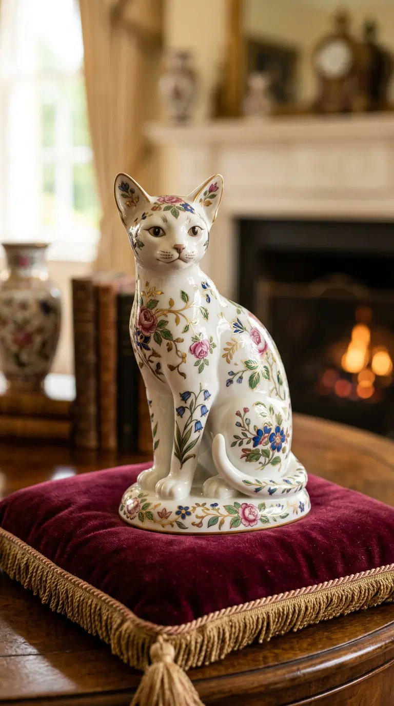 Porcelain Cat Figurine on a Decorative Cushion with Flowers