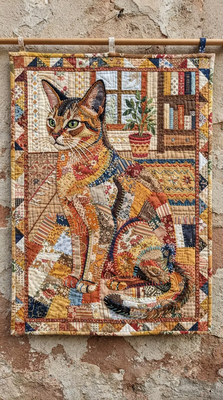 Colorful Textile Art Depicting an Abyssinian Cat Sitting Indoors