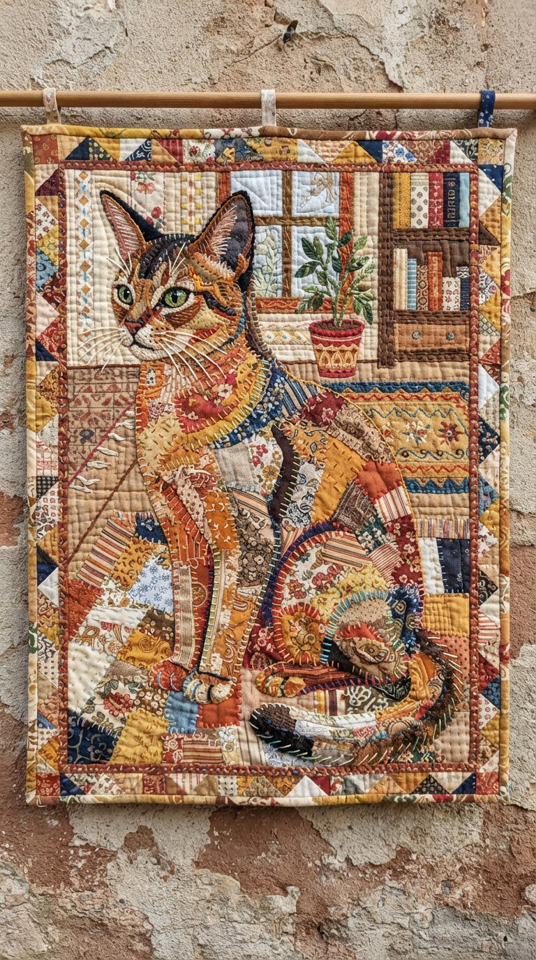 A quilted artwork featuring a sitting Abyssinian cat in a cozy room