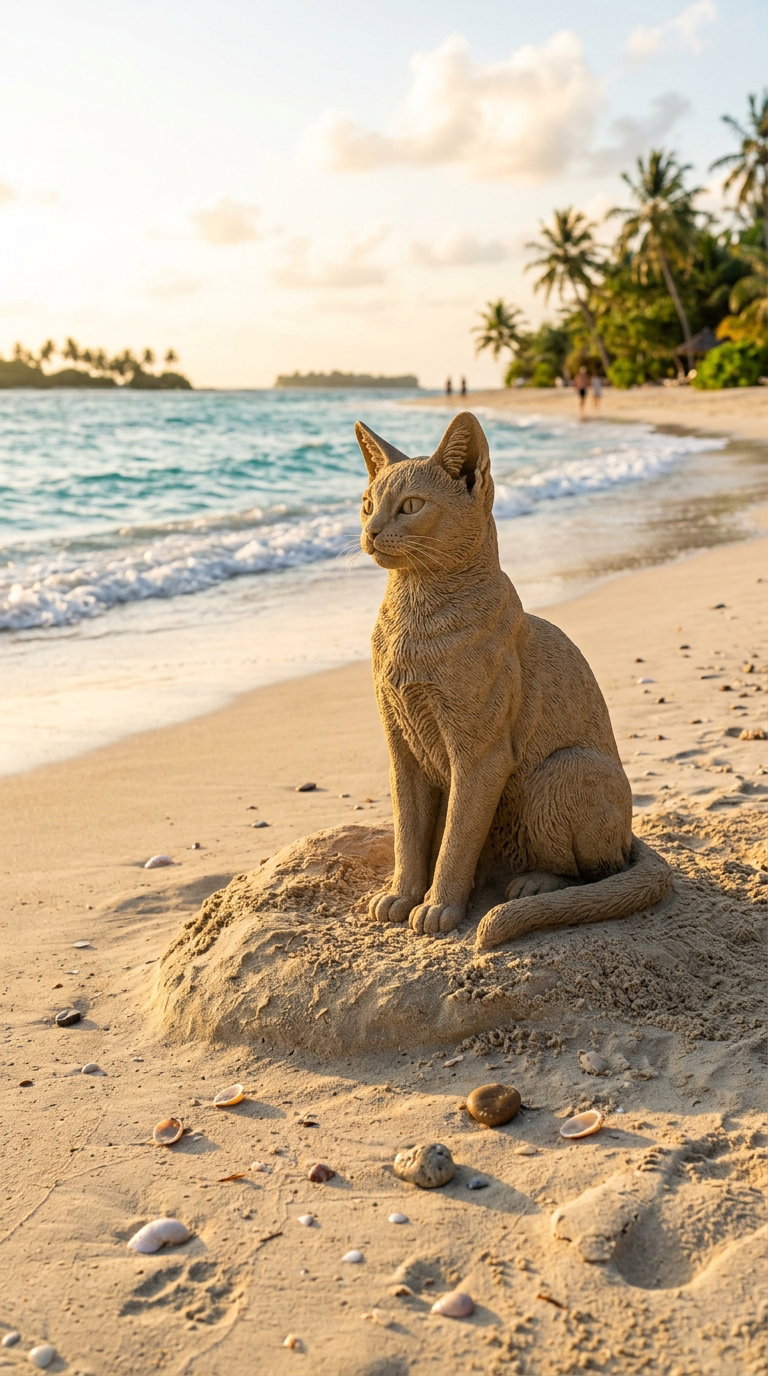 A sand sculpture of a cat sitting on a beach near the water