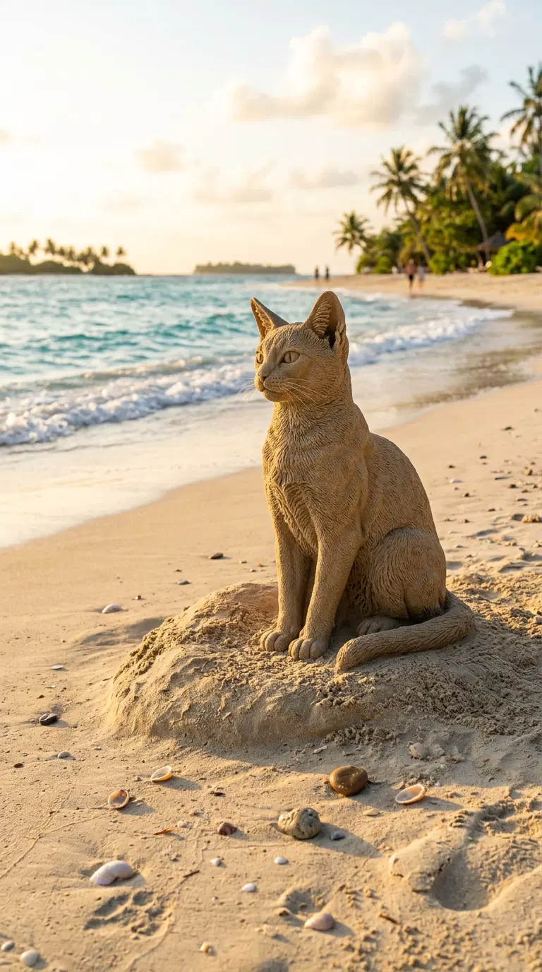 A beautifully crafted sand sculpture of a cat on a beach