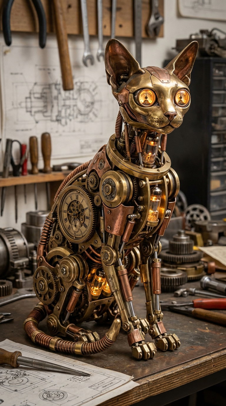 A steampunk-inspired cat sculpture made of metal, featuring gears and glowing lights, placed on a workbench surrounded by tools.
