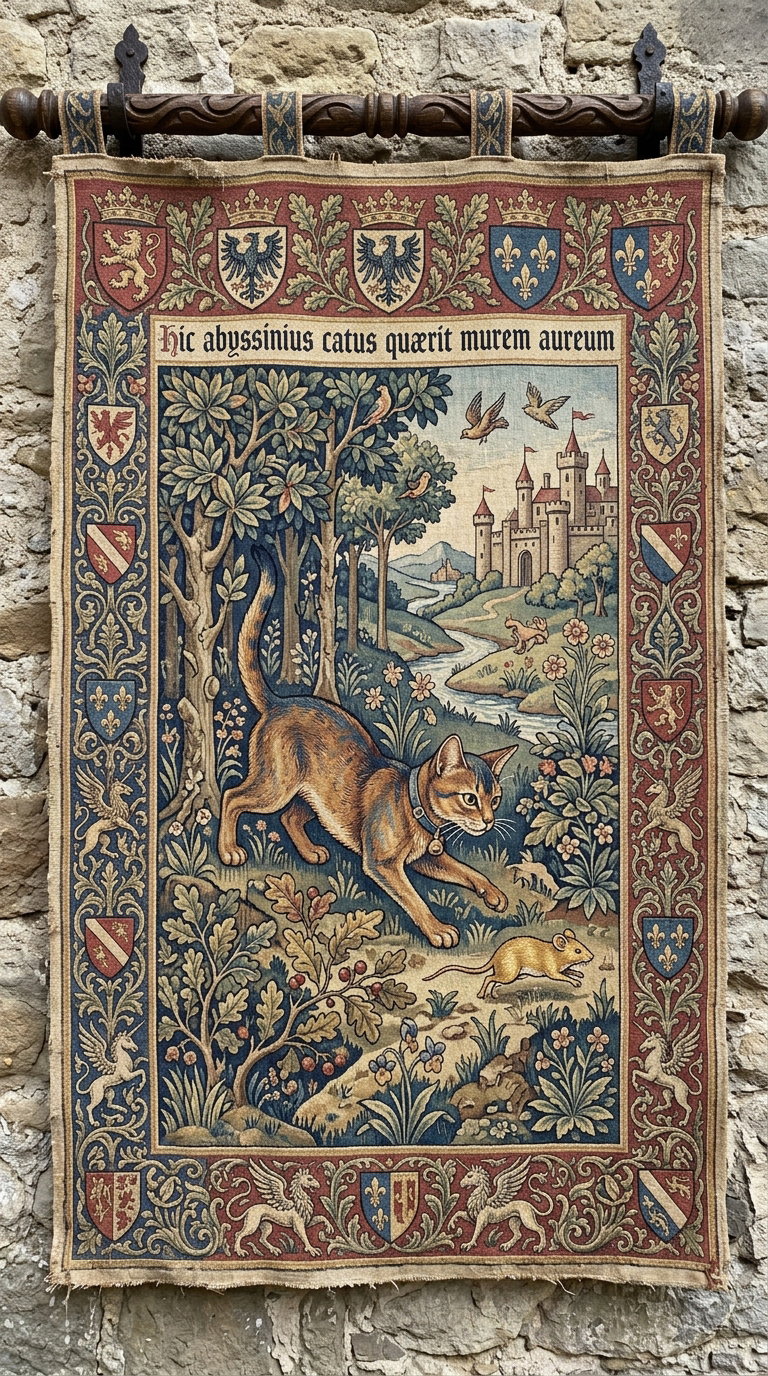 A colorful tapestry featuring an Abyssinian cat hunting in a lush landscape with trees and a castle.