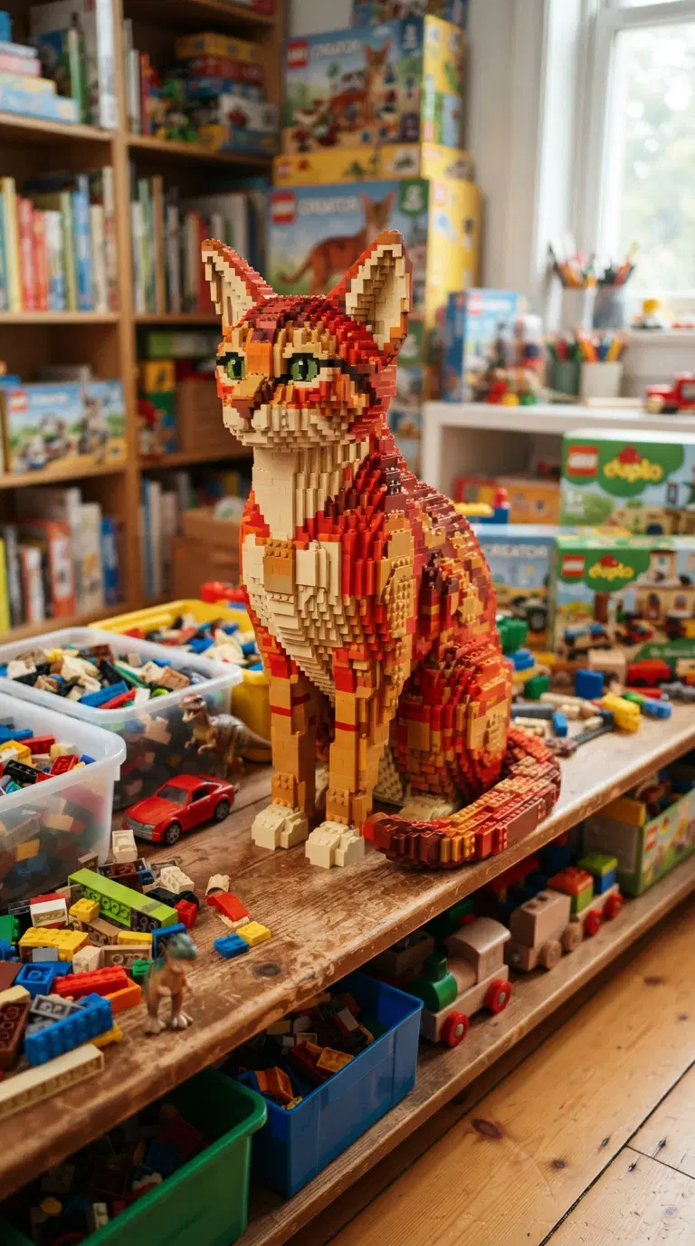 Lego Model of a Cat in a Playroom Full of Building Blocks