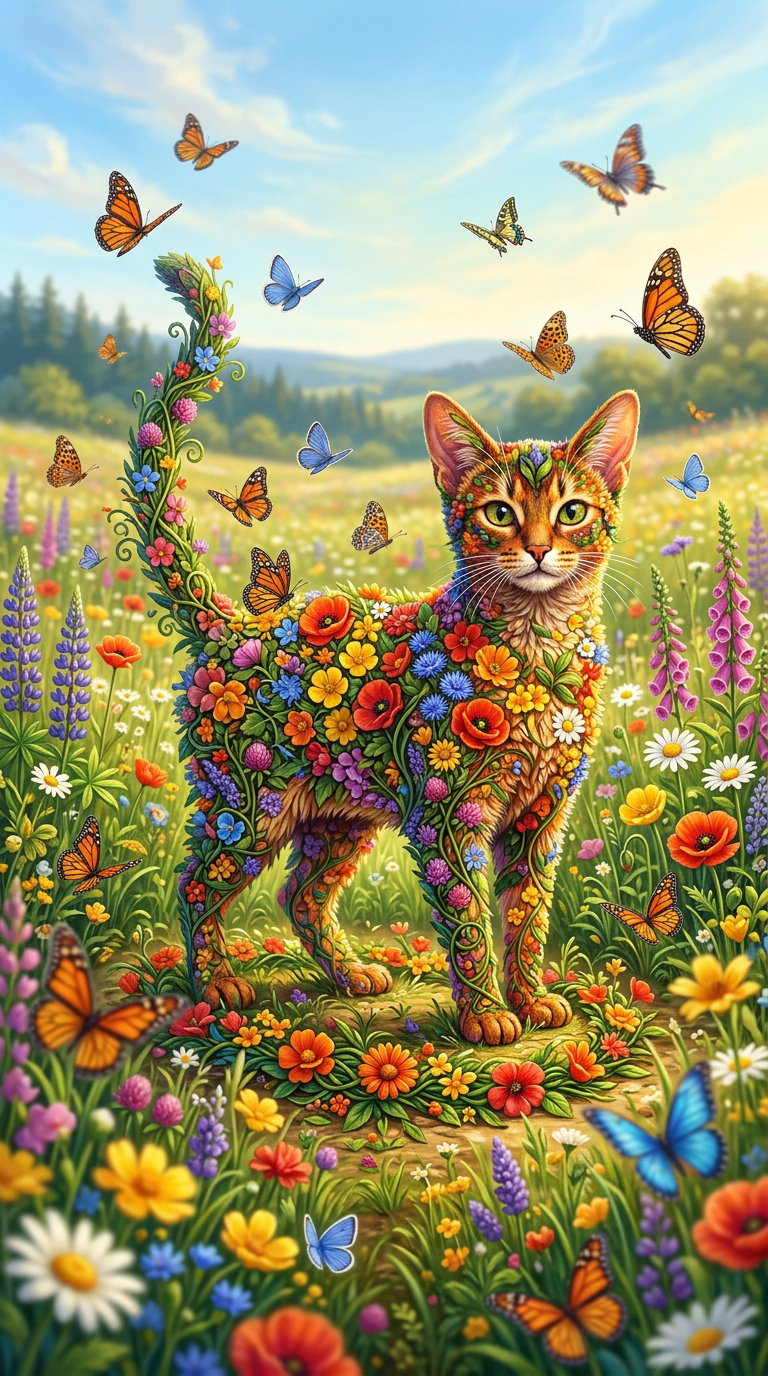 A colorful cat made of flowers stands in a field with butterflies.