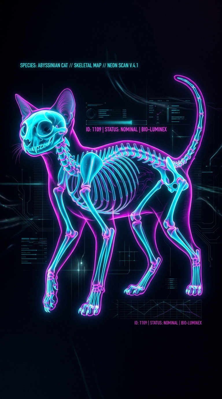 A neon-illustrated skeletal diagram of an Abyssinian cat.
