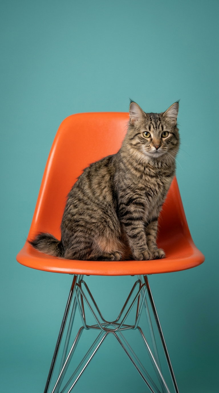 A tabby cat with distinctive features sitting on a bright orange chair against a teal background.