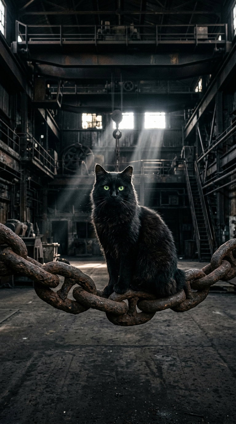 A sleek black cat with striking green eyes sitting atop a thick, rusty chain in a dimly lit industrial space, with rays of light streaming through.
