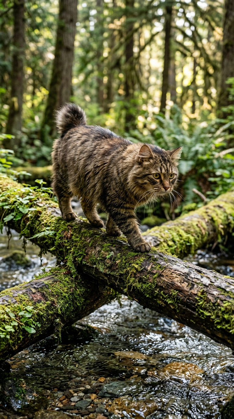 A striped American Bobtail cat walking on a mossy log over a stream in a lush green forest, surrounded by ferns and tall trees.