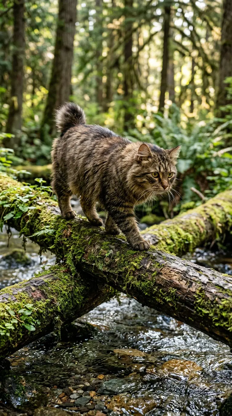 A striped American Bobtail cat walking on a mossy log in the forest