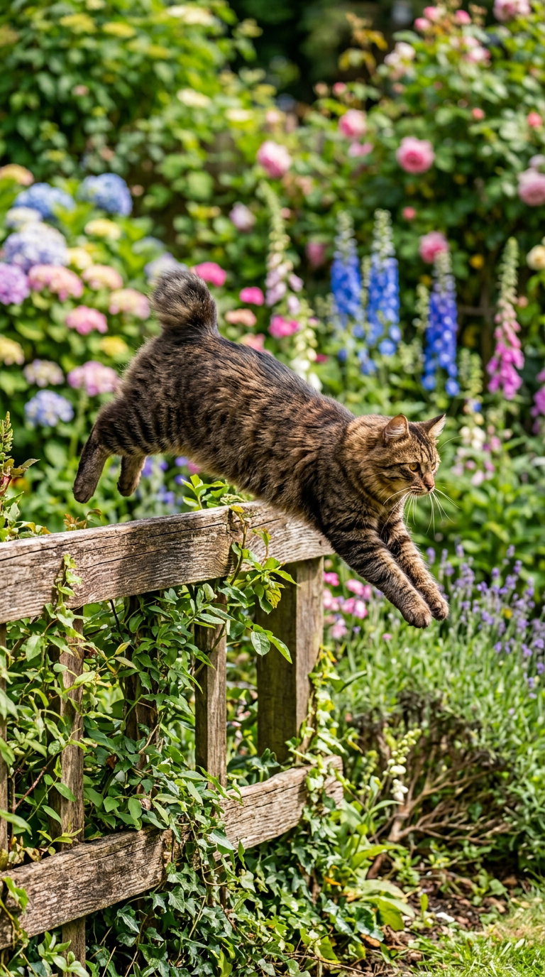 A brown striped cat with a short tail jumping off a wooden fence surrounded by vibrant flowers and greenery.