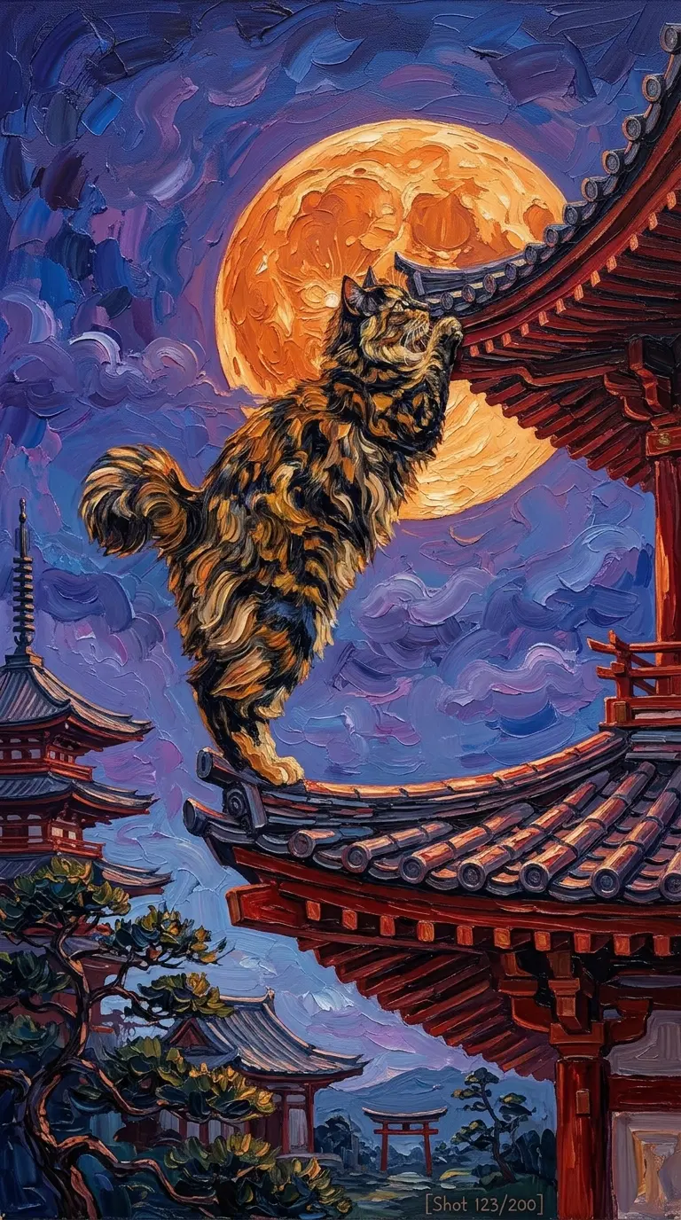 A Majestic American Bobtail Cat Under a Full Moon in a Traditional Setting