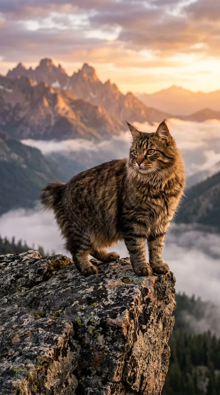 Majestic American Bobtail Cat on Rocky Outcrop at Sunset