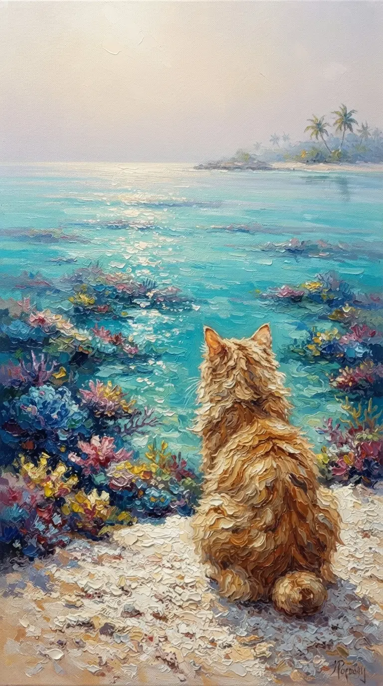 American Bobtail Cat Gazing at Serene Ocean View