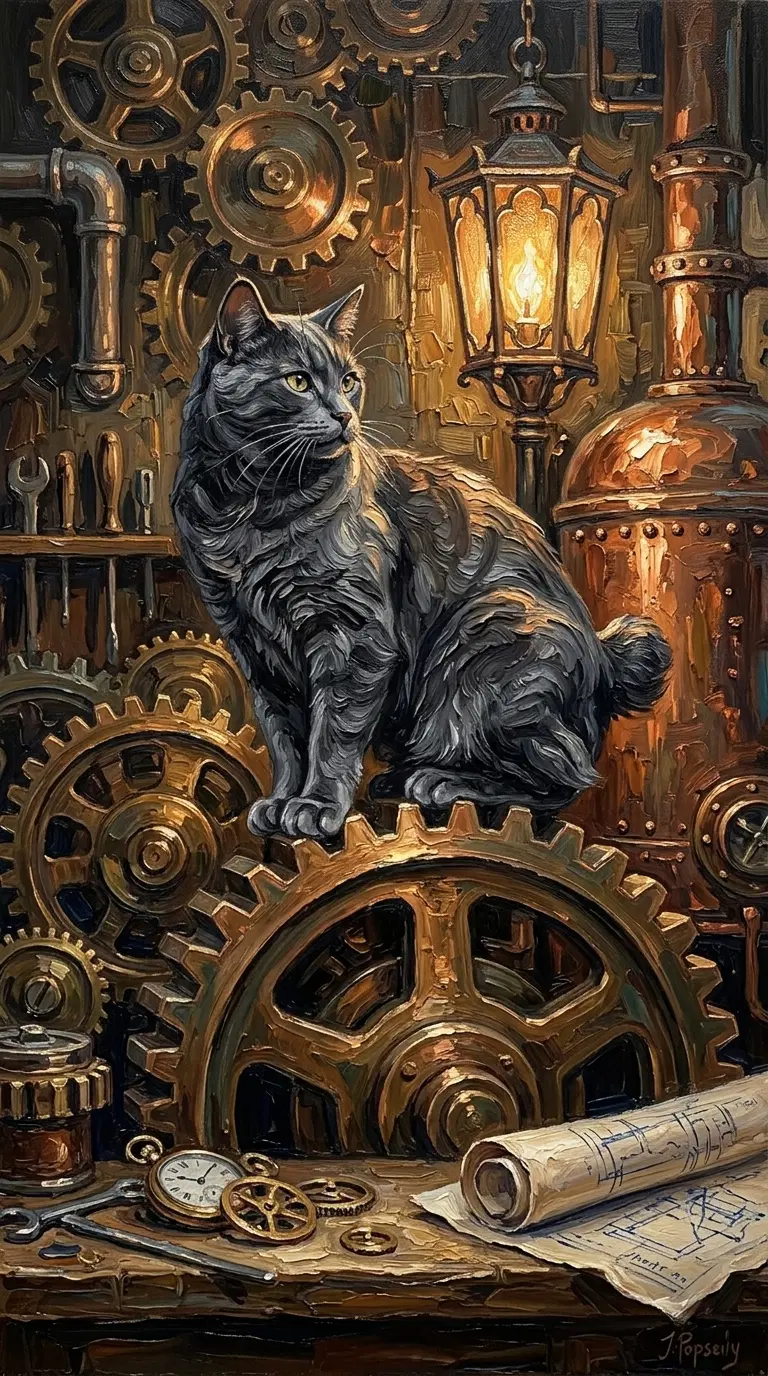 Industrial Fantasy: American Bobtail Cat Among Gears and Lanterns