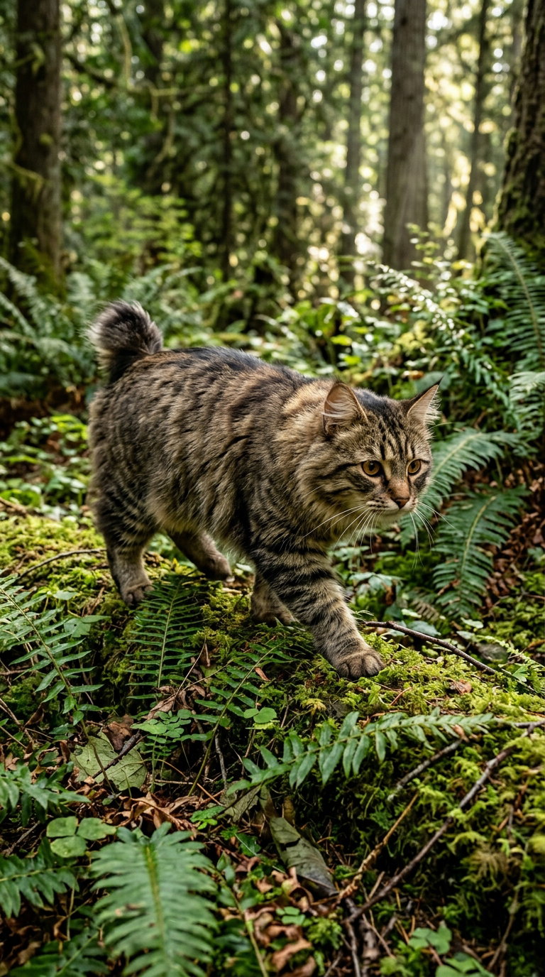 A striped American Bobtail cat walking over green ferns in a forest.