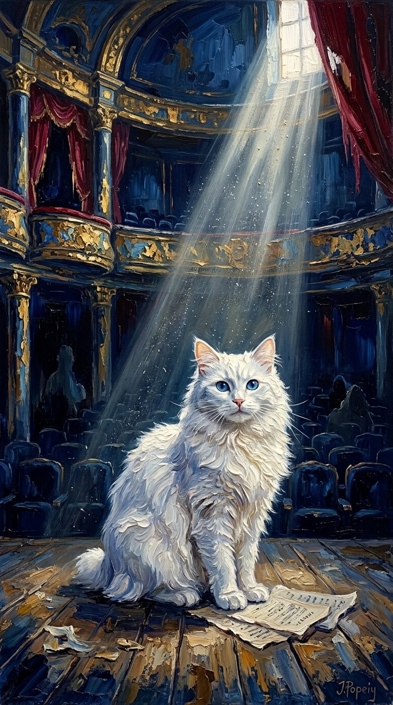A fluffy white cat with blue eyes sitting on wooden theater floor, surrounded by scattered paper, illuminated by a beam of light from a window above.