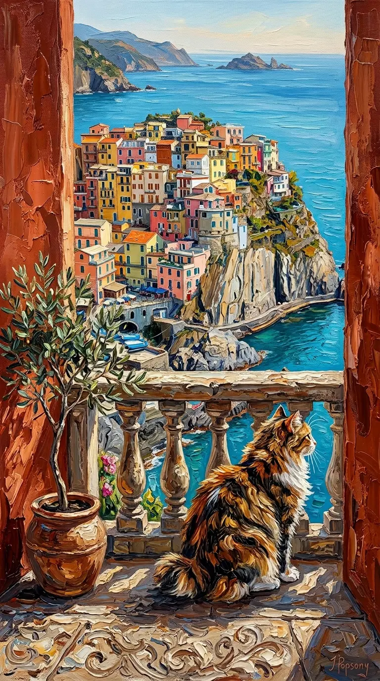 A serene view featuring an American Bobtail cat and a coastal town