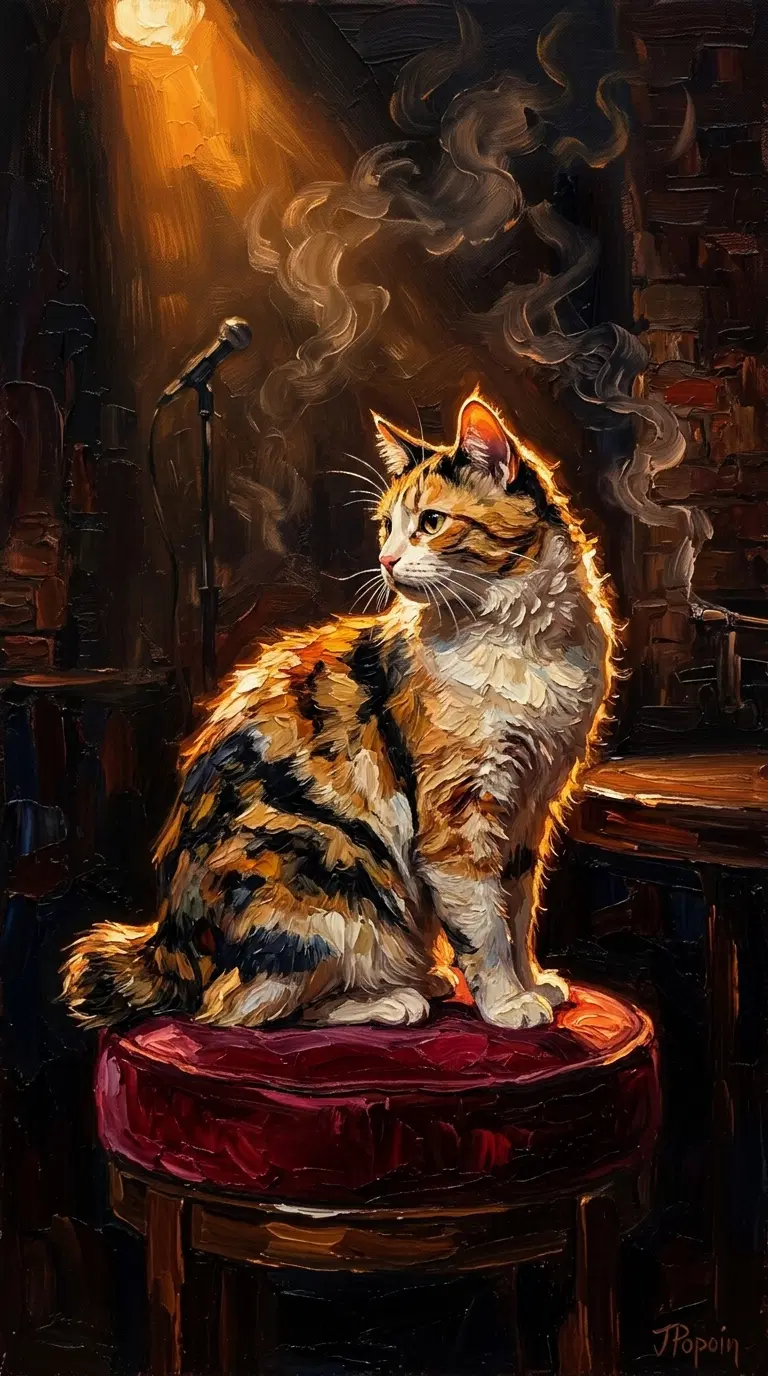 A Majestic American Bobtail Cat on a Stool Under Soft Lighting