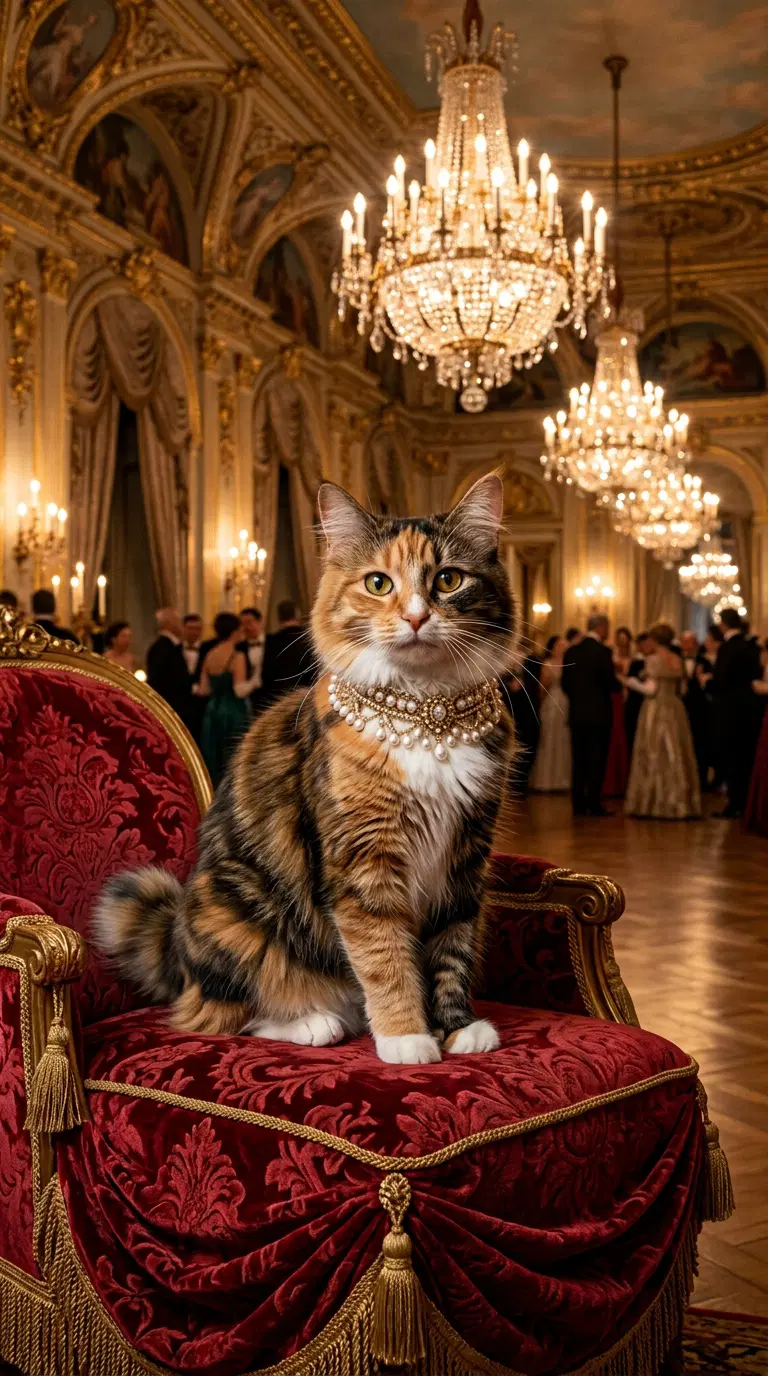 Elegant American Bobtail Cat in Lavish Ballroom Setting
