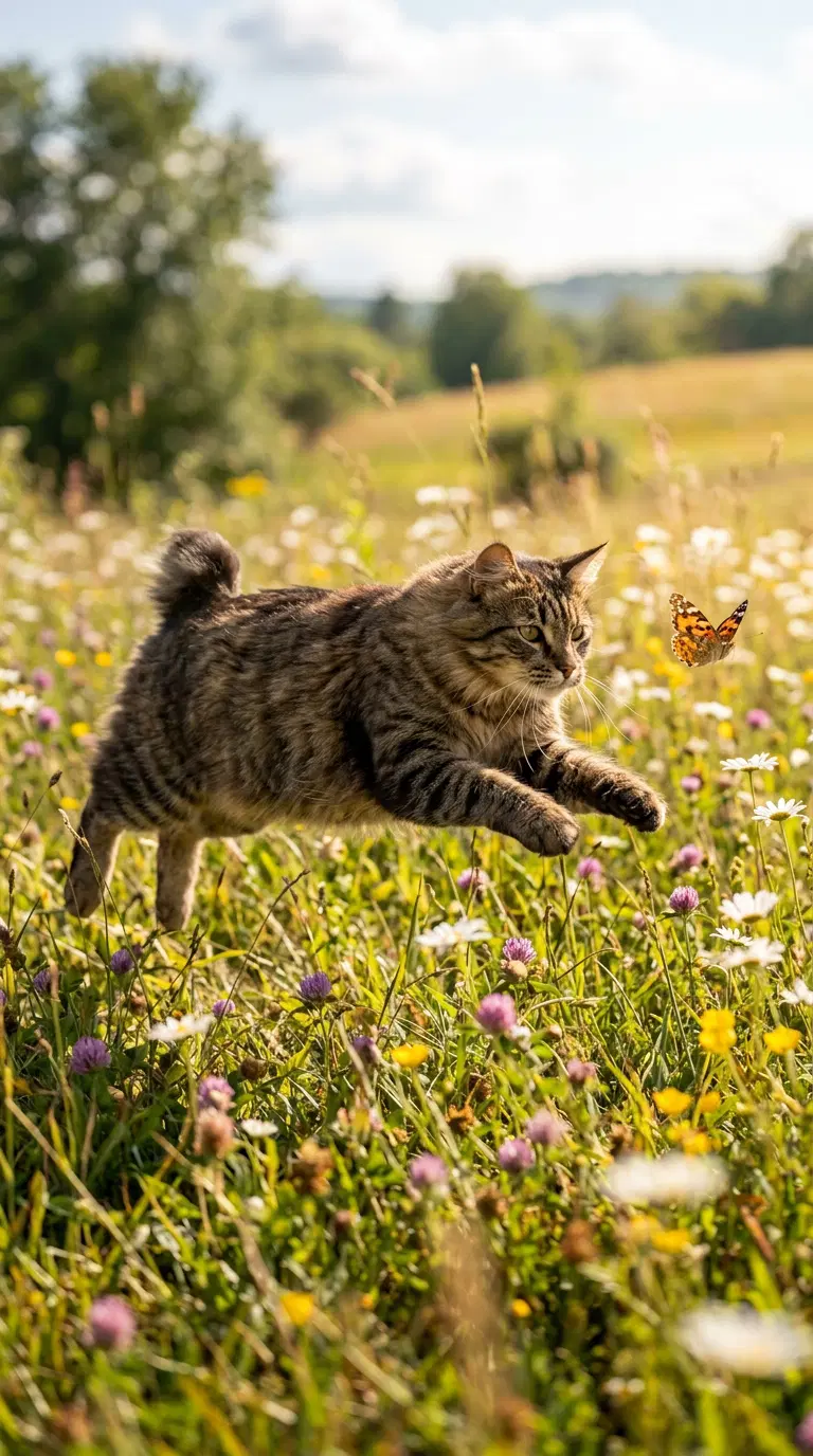 A playful American Bobtail cat leaping through a flower field