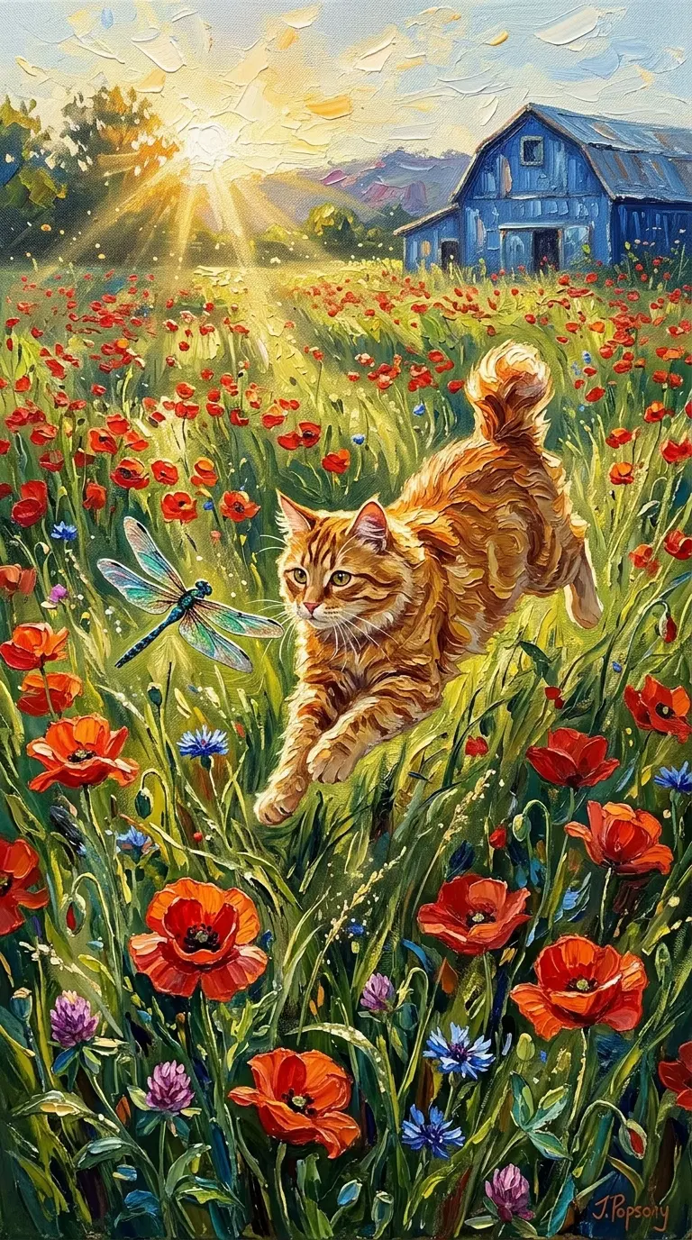 A Vibrant Scene of an American Bobtail Cat Among Poppy Fields