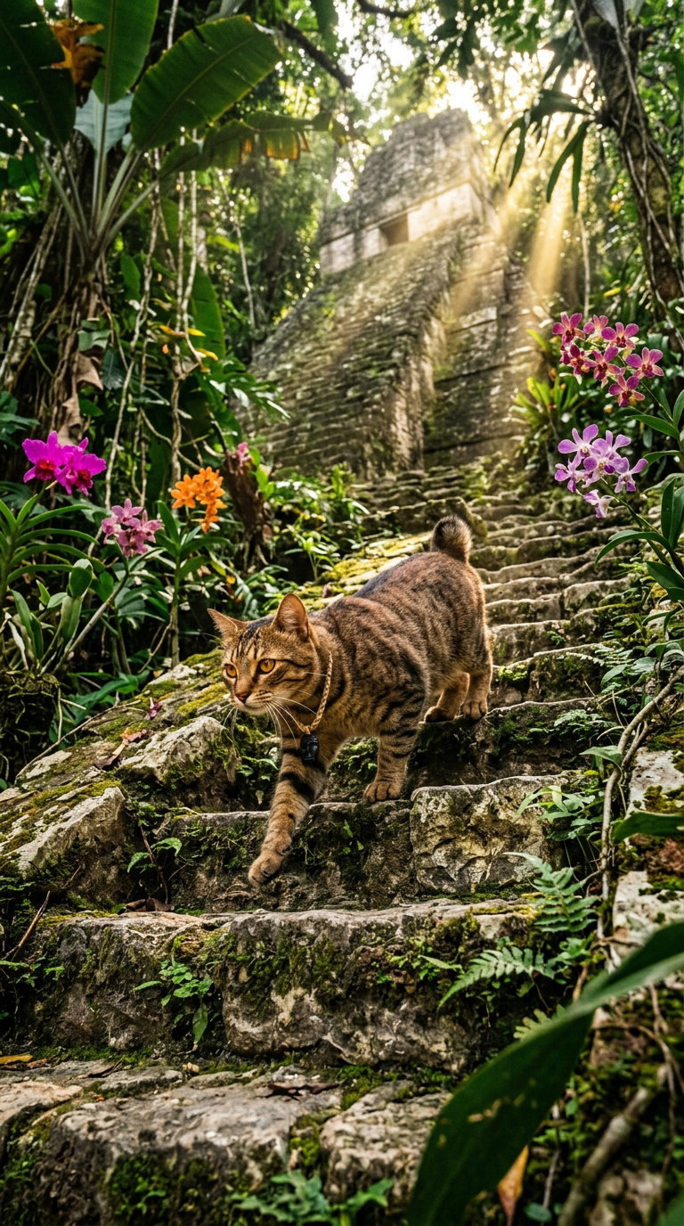 An American Bobtail cat walking up stone steps surrounded by lush greenery and colorful flowers, with sunlight streaming through the trees.