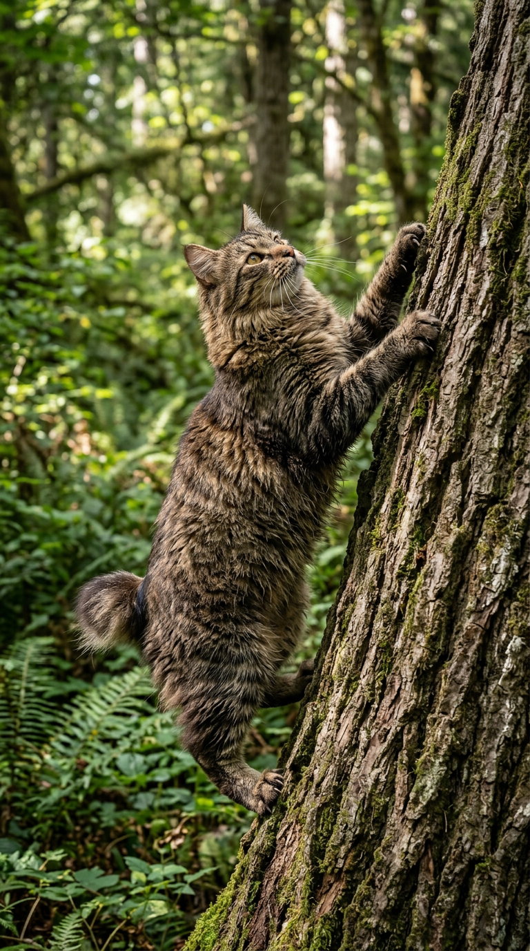 A tabby American Bobtail cat climbing a tree in a dense forest, surrounded by greenery and ferns, with sunlight filtering through the leaves.