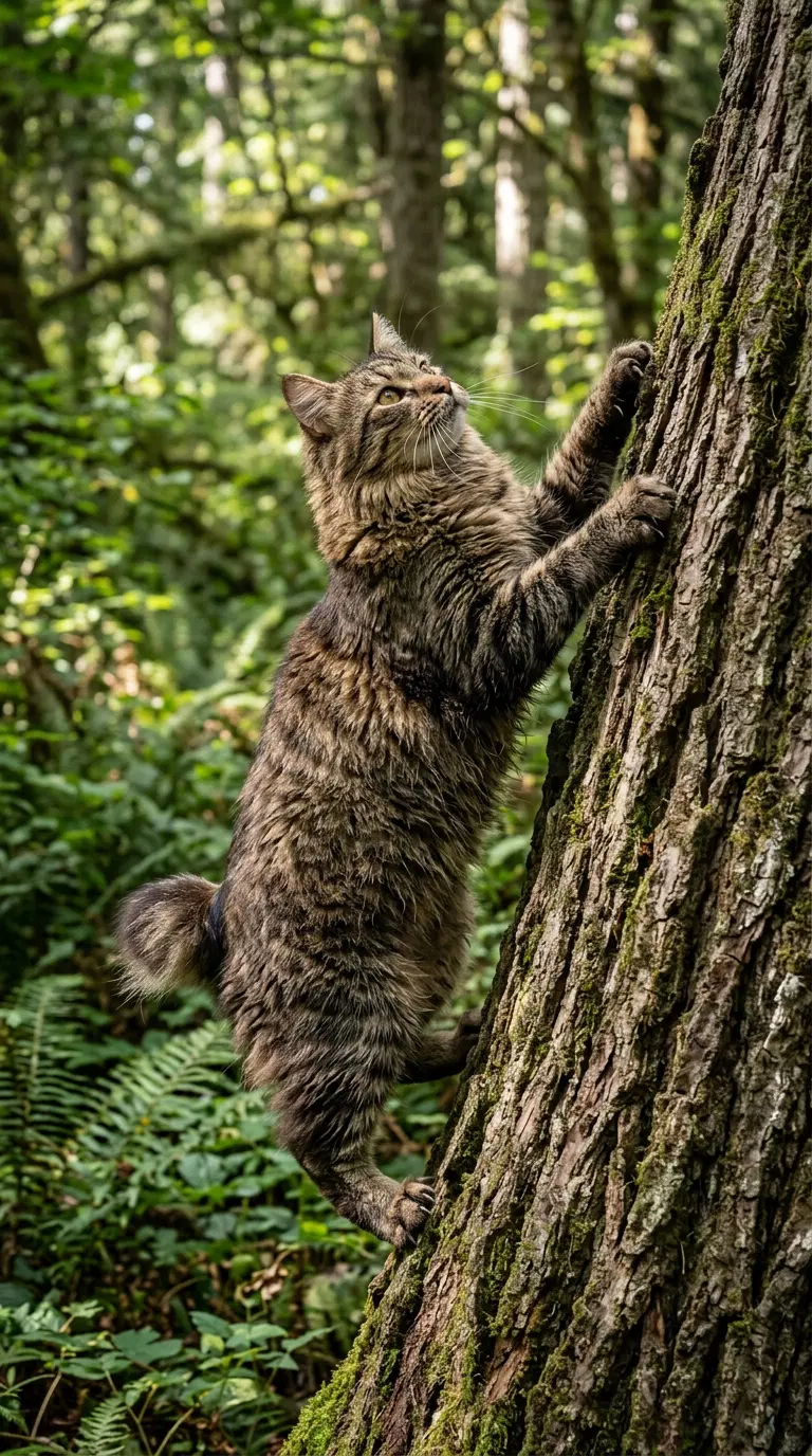 American Bobtail Cat Climbing a Tree in Lush Forest