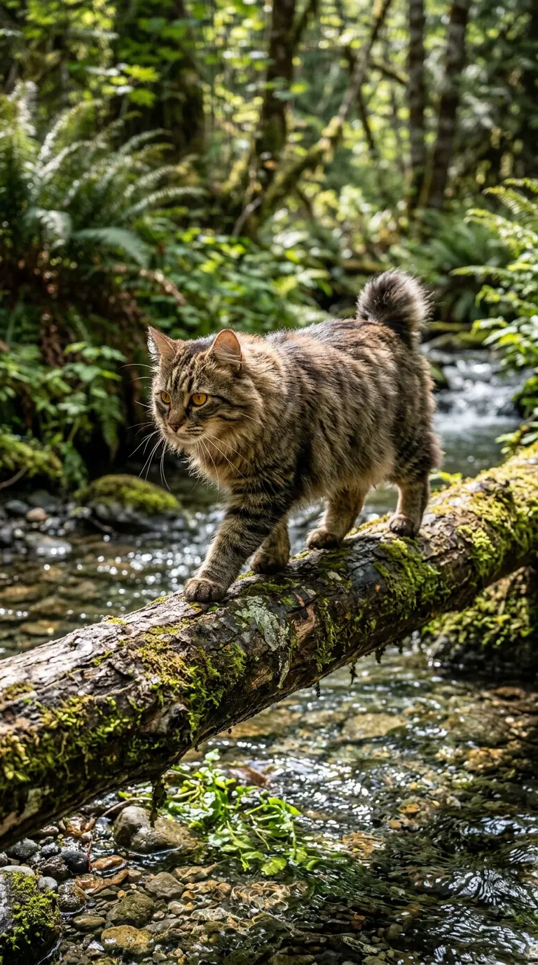 A Striking American Bobtail Cat Walking Along a Streamside Log