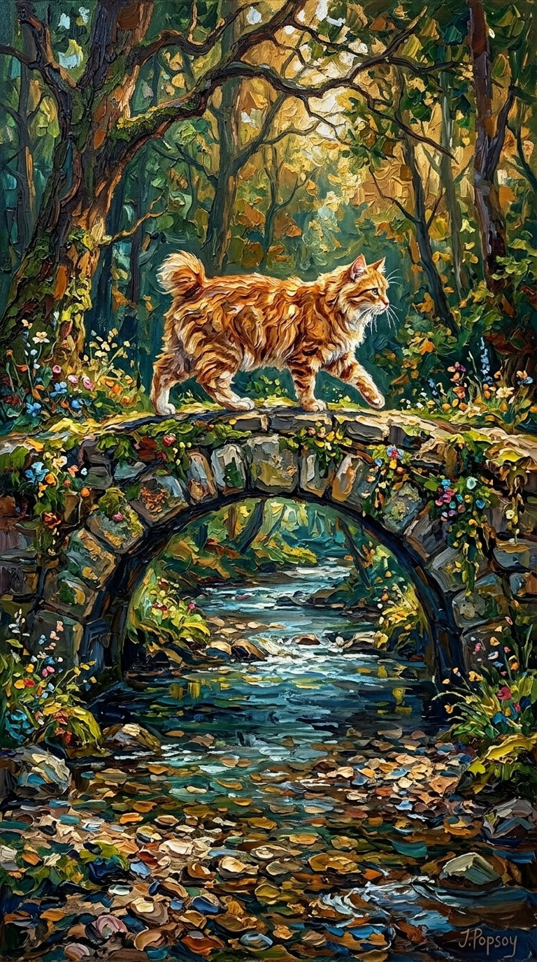 An orange tabby cat walks across a stone bridge over a stream, surrounded by lush greenery and flowers in a serene forest setting.