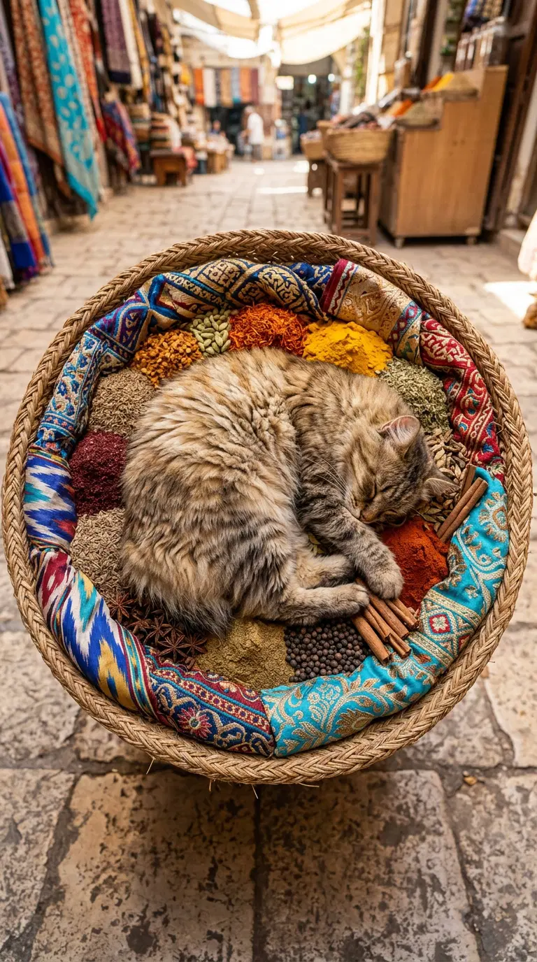 Sleeping American Bobtail Cat in Colorful Woven Basket