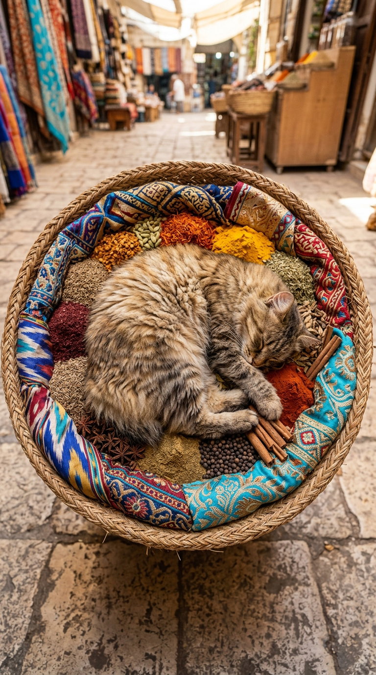 A fluffy American Bobtail cat curled up and sleeping in a round, colorful woven basket filled with various textured and patterned fabrics, set in a market with blurred stalls in the background.