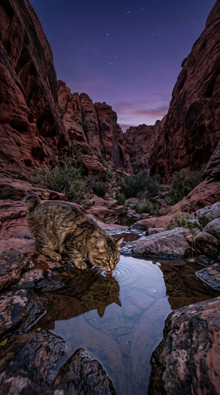 A Majestic American Bobtail Cat Drinking Water Under a Starry Sky