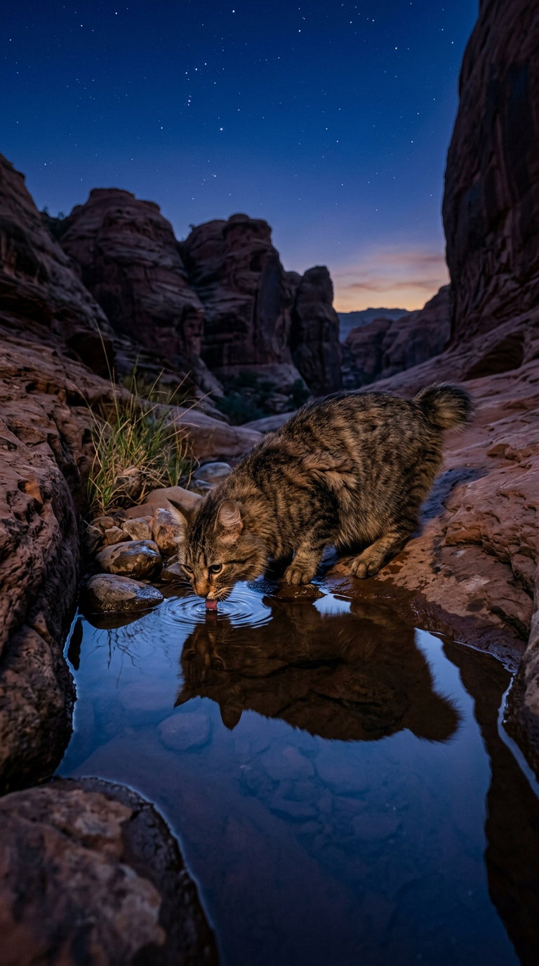 A brown tabby American Bobtail cat is drinking from a small pool of water with reflections. The scene is set in a rocky canyon under a starry sky, with a hint of twilight in the background.