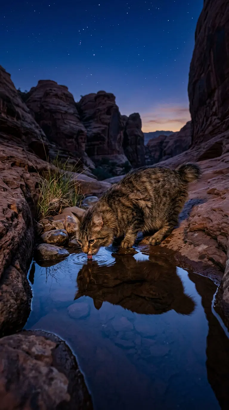 A Bobtail Cat Drinking Water at Dusk in a Rocky Landscape