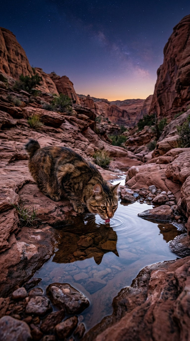 A tabby American Bobtail cat is crouching near a small stream, drinking water from it. The rocky landscape surrounds the cat, with cliffs rising on either side under a twilight sky filled with stars.