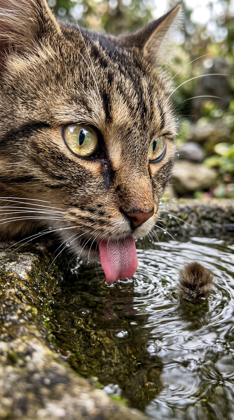 A tabby American Bobtail cat with green eyes is drinking from a small pond, its tongue extended to the water, surrounded by greenery.