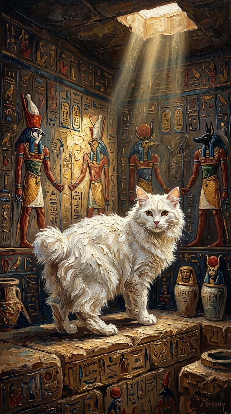 A fluffy white cat stands in a dimly lit room with ancient Egyptian hieroglyphics and statues surrounding it. Light shines down from above, illuminating the cat.