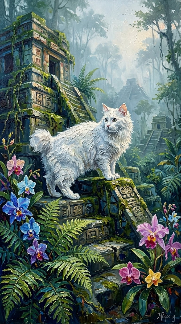 A white cat with a fluffy coat standing on stone steps surrounded by vibrant flowers and lush greenery in a mystical jungle landscape.
