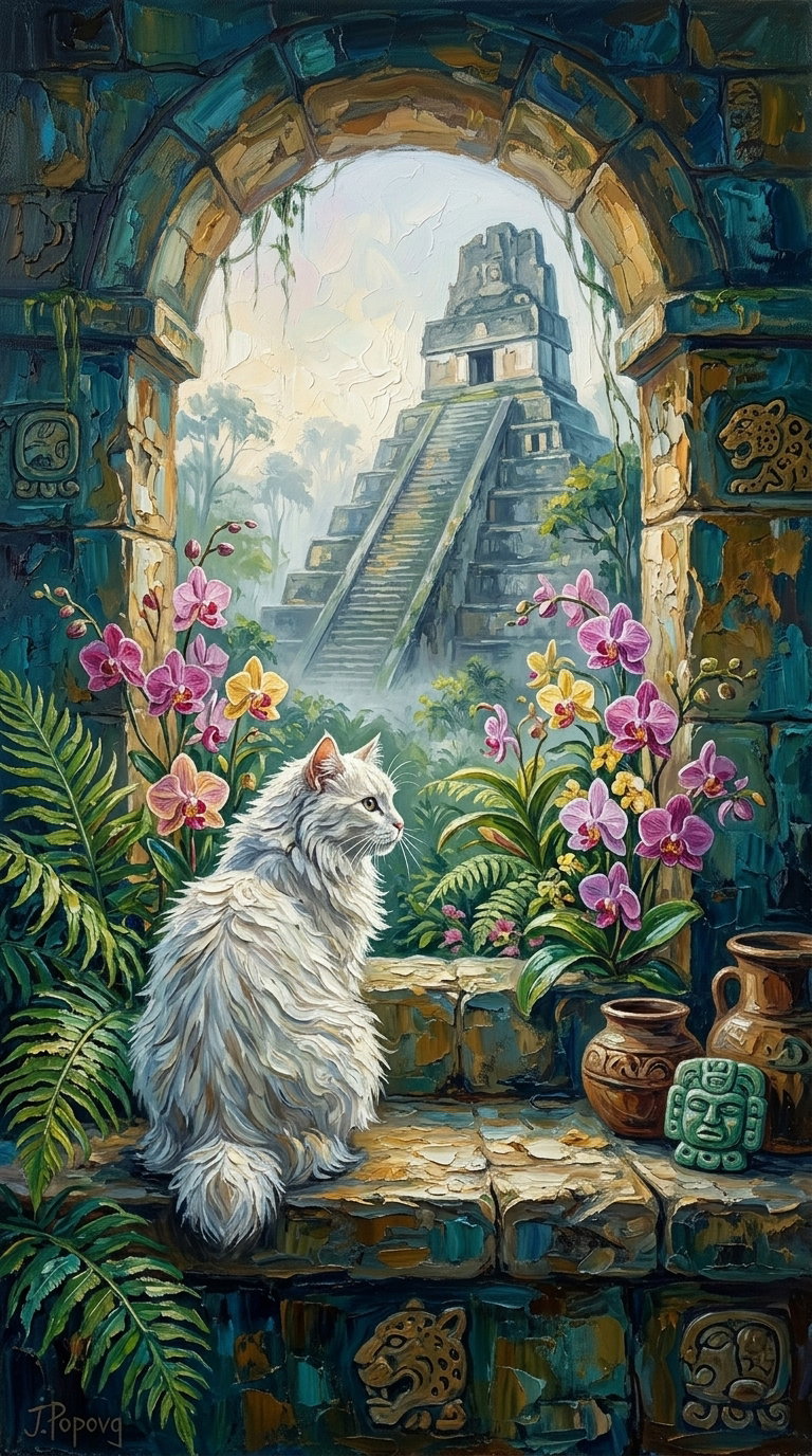 A fluffy white cat sitting on a stone window ledge, surrounded by tropical plants and flowers, overlooking a distant ancient temple.